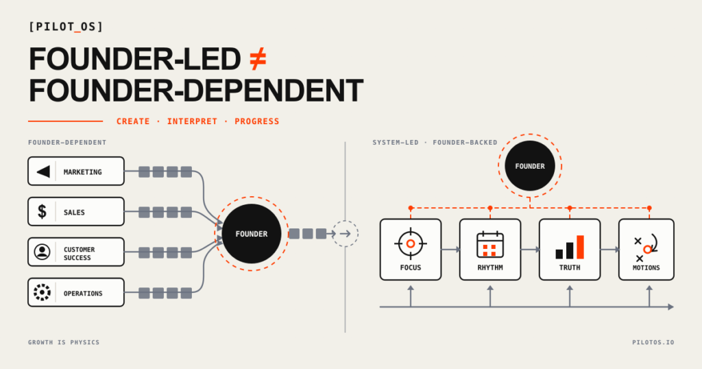 Founder-led vs founder-dependent GTM, showing work queuing behind the founder versus flowing through Focus, Rhythm, Truth and Motions.